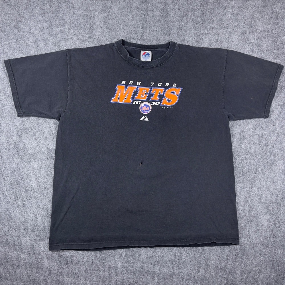 Y2K New York Mets Majestic T-Shirt Mens 2X Black Est 1962 Graphic Tee Distressed